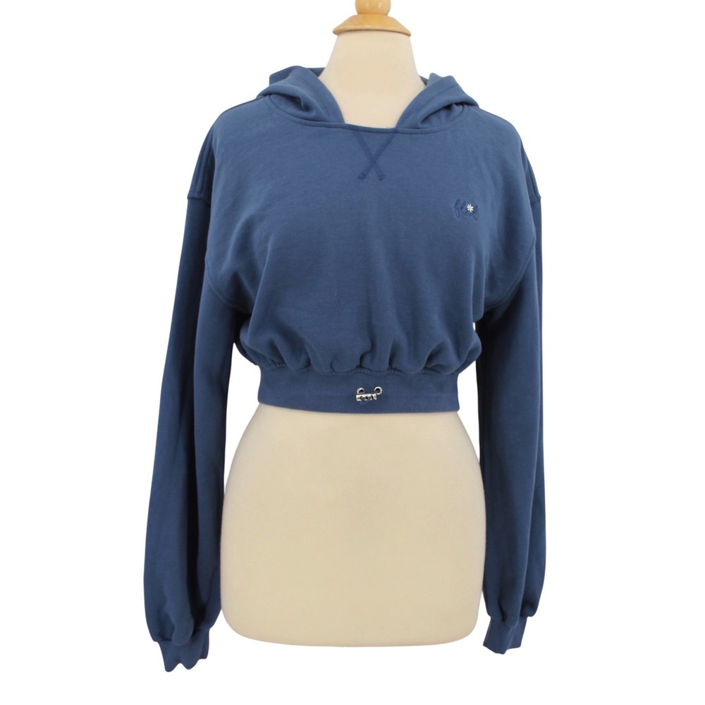 For Love & Lemons Josie Sweatshirt Small Blue Cropped Hoodie Toggle hem